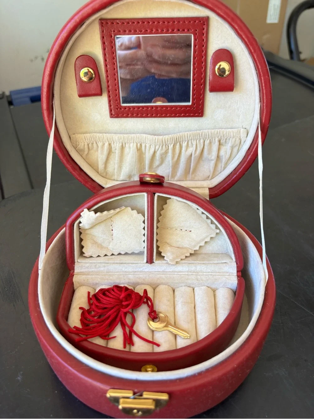 Red Round Jewelry Case with Gold Hardware and Interior Case with Lock